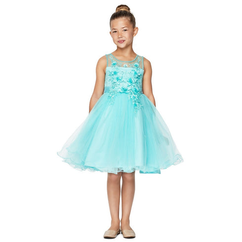 Little Girls Aqua 3D Floral Sequin Wired Tulle Skirt Flower Girl Dress 2-6 - SophiasStyle.com